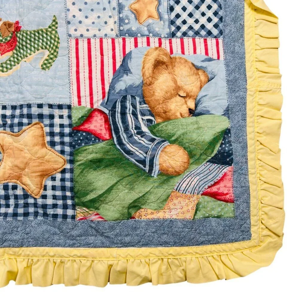 Vtg Blue Jean Teddy Bear Collection Baby Quilt Bedroom Collectible
